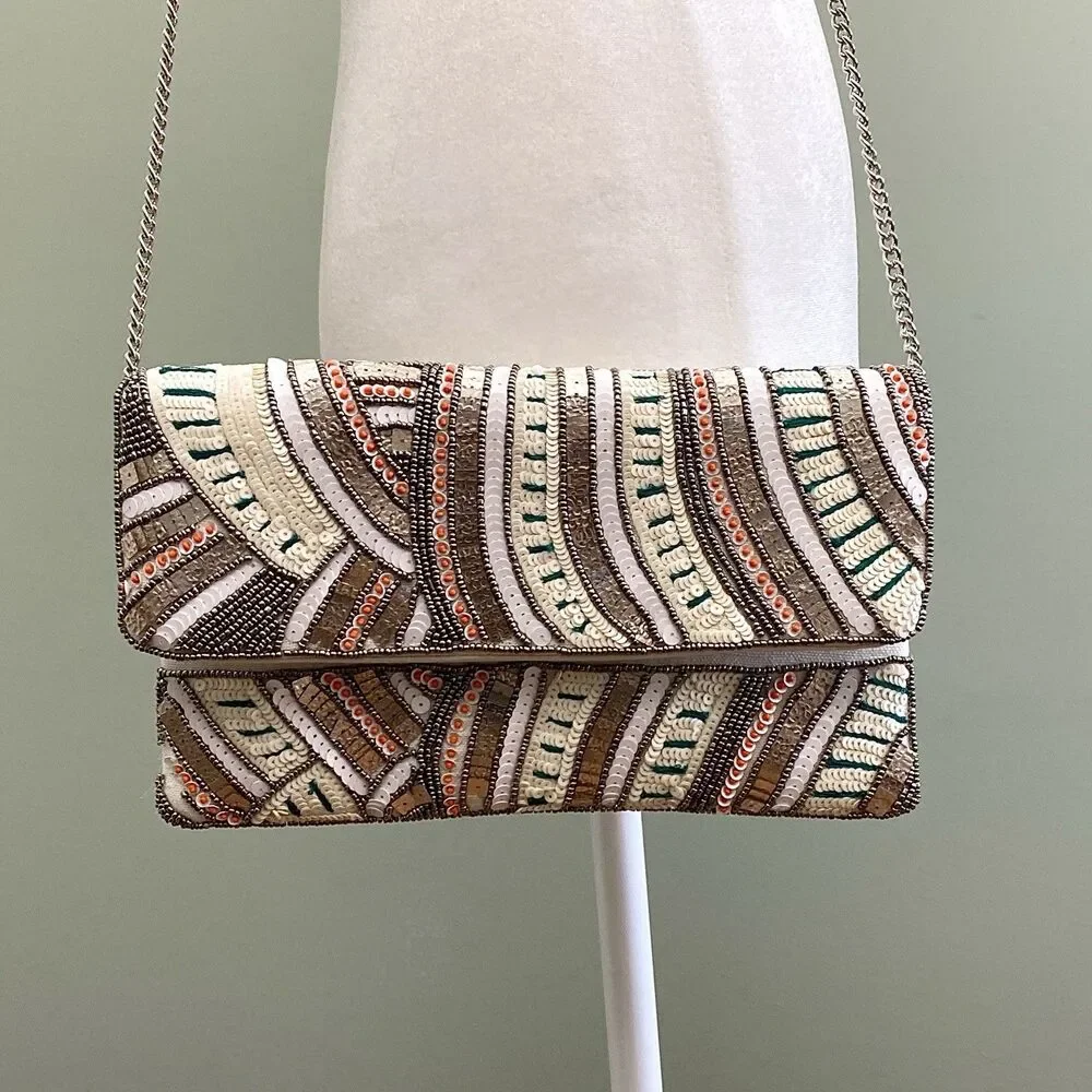 Sequin Clutch Bag Crossbody Purse Chain Strap Cotton Boho Glam Party
